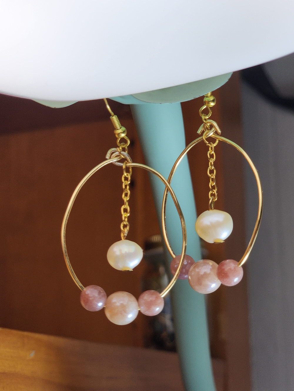 Handcrafted Gold Hoop Earrings with Pink Stone and Fresh Water Pearl Accents - Picture 2 of 3
